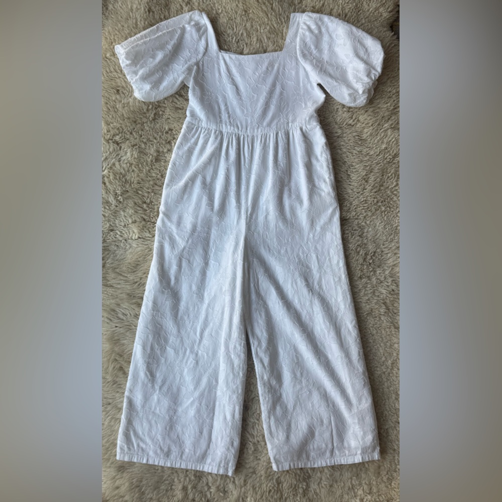 Girls White Puff Sleeve Jumpsuit